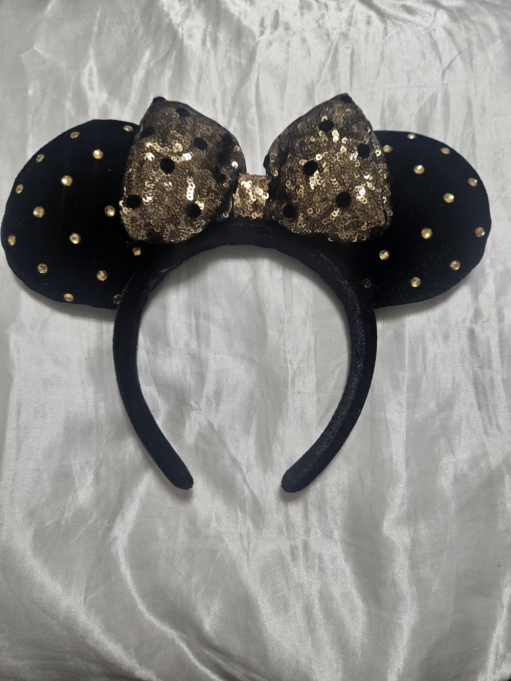 Disney Black Headband with Gold Sequin Bow and Studded Ears
